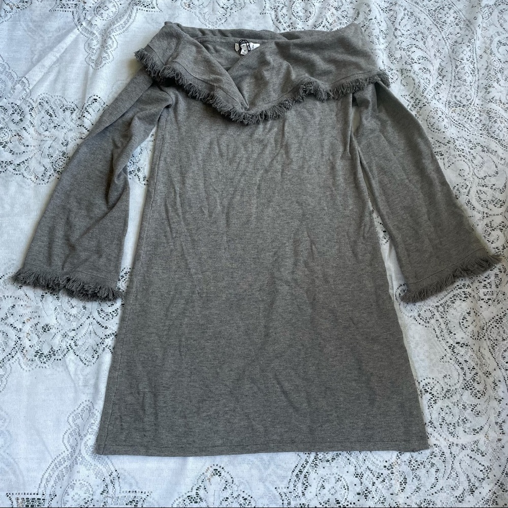Thml by anthropology off the shoulder fringe knit grey sweater dress